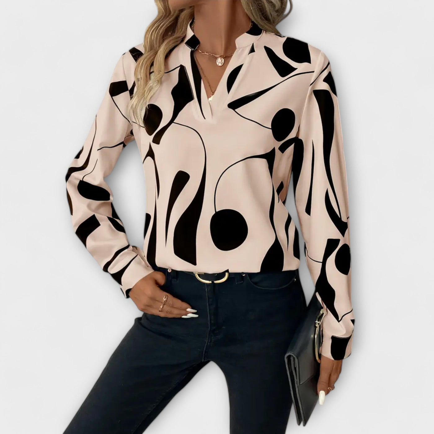 Elegante langärmelige Bluse mit spitzem Ausschnitt