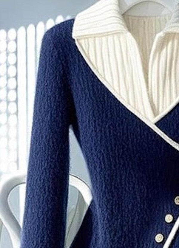 Marlen® | Blauer V-Ausschnitt-Pullover mit Farbblock