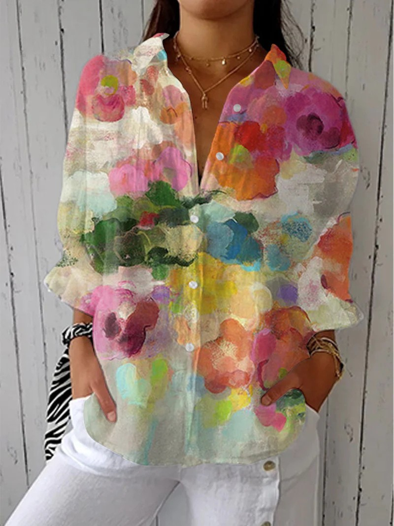 Sira® | Damen Vintage Blumen Kunst Druck Lässiges Leinen V-Ausschnitt Shirt