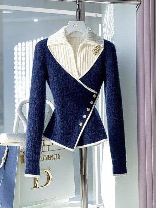 Marlen® | Blauer V-Ausschnitt-Pullover mit Farbblock